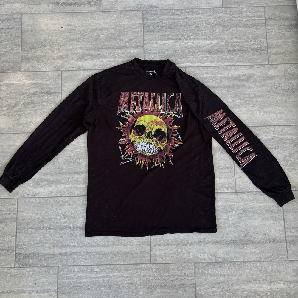 Metallica Long Sleeve Shirt Size XXL Stone Washed Flaming Skull Sleeve Print